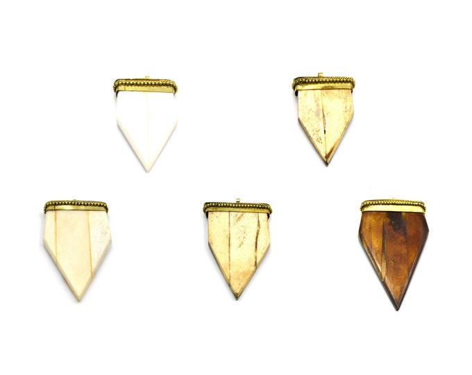 Bone Arrow Pendant | Flat Pointed Arrow Shaped Natural Ox Bone Pendant | Focal Pendant With Dotted Gold Cap | White Arrow Brown Arrow