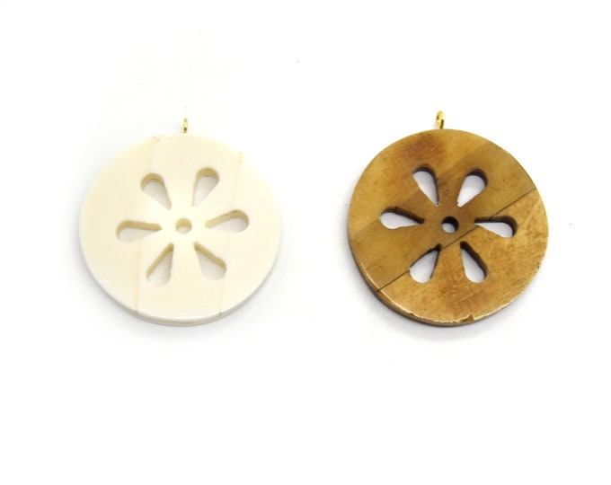 Ox Bone Circle Cutout Shaped Focal Pendant with Gold Bail - White & Brown available