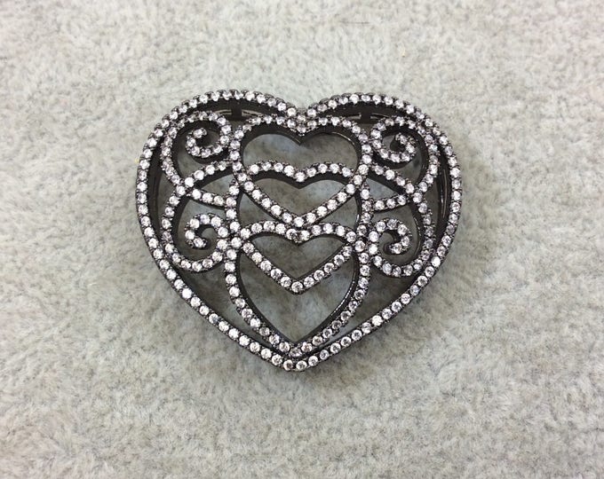 Gunmetal Plated CZ Cubic Zirconia Heart Shaped Copper Slider - Measures 35mmx40mm, Approx.  - Sold Individually, RANDOM
