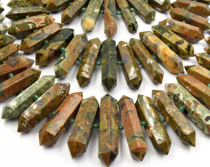Rainforest Rhyolite Jasper Beads | Double Point Center Drilled Gemstone Beads | 25mm - 50mm Graduated Double Point Shaped Beads