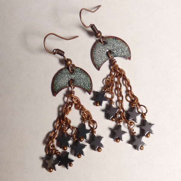 Enameled Copper Earrings - moon lunula with hematite star dangles