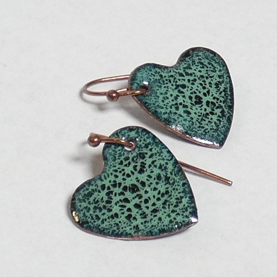 Enameled Copper Earrings green on green mint green crackle | Etsy
