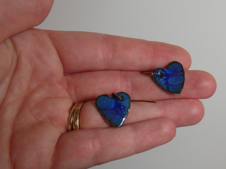 separation enamel cobalt blue and rose pink hearts drop dangle jewelry Enameled Copper Earrings