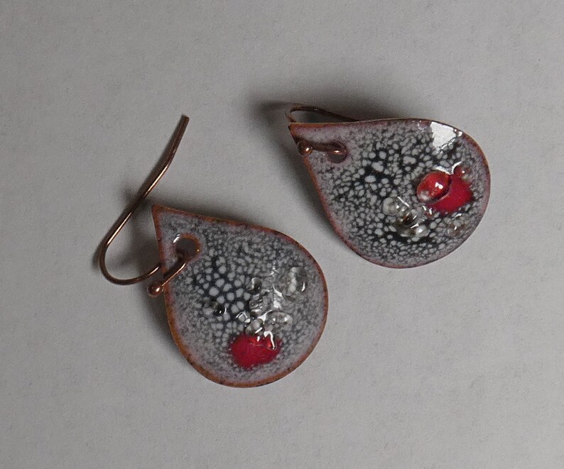 Enameled Copper Earrings Black and Red Dewdrop Crackle - Etsy