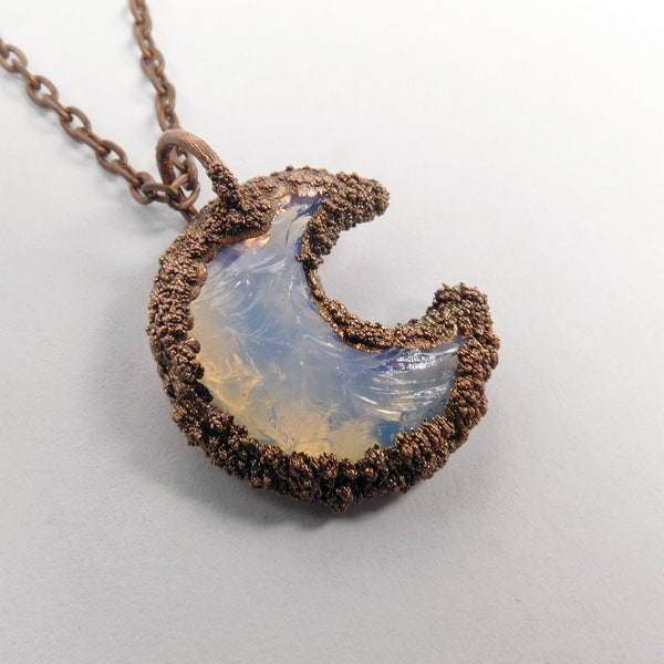Handcrafted Natural Rainbow Moonstone Copper Electroformed Necklace – 18 Inch Chain, Bohemian Jewelry