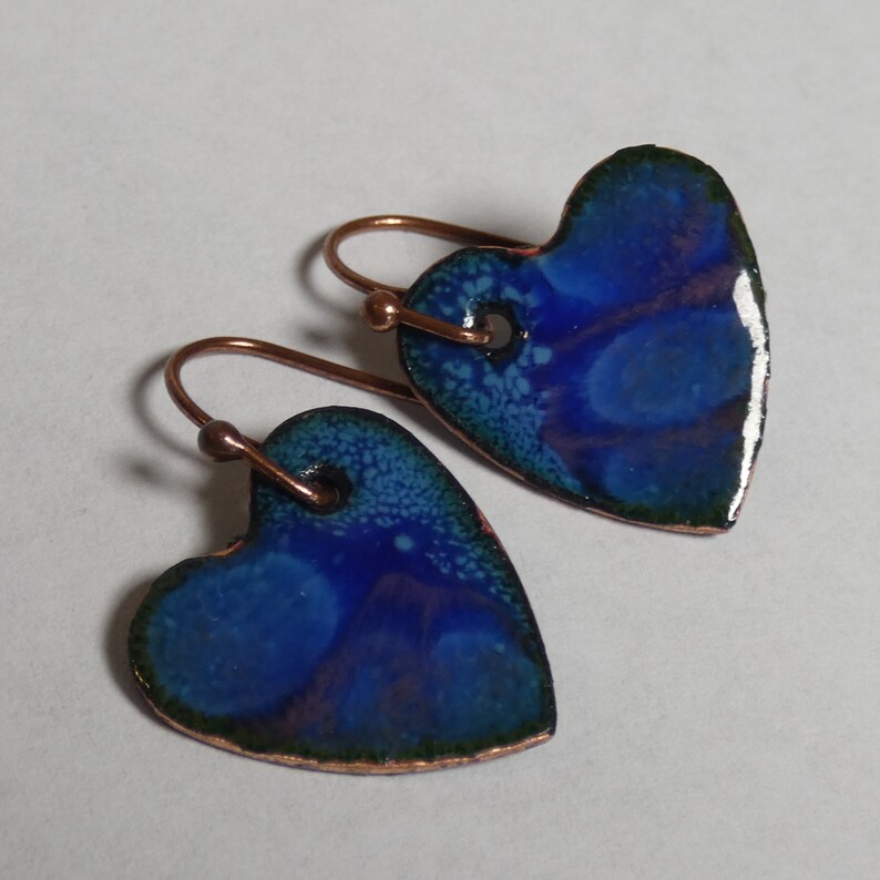 separation enamel cobalt blue and rose pink hearts drop dangle jewelry Enameled Copper Earrings