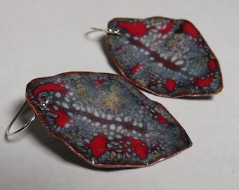 Enameled Copper Earrings - red crackle flower petals leaves, drop dangle boho statement jewelry