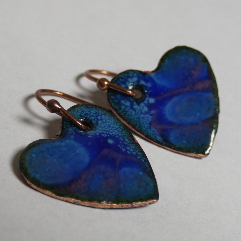 separation enamel cobalt blue and rose pink hearts drop dangle jewelry Enameled Copper Earrings