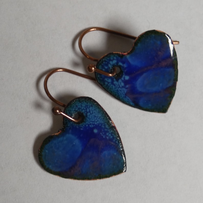 separation enamel cobalt blue and rose pink hearts drop dangle jewelry Enameled Copper Earrings