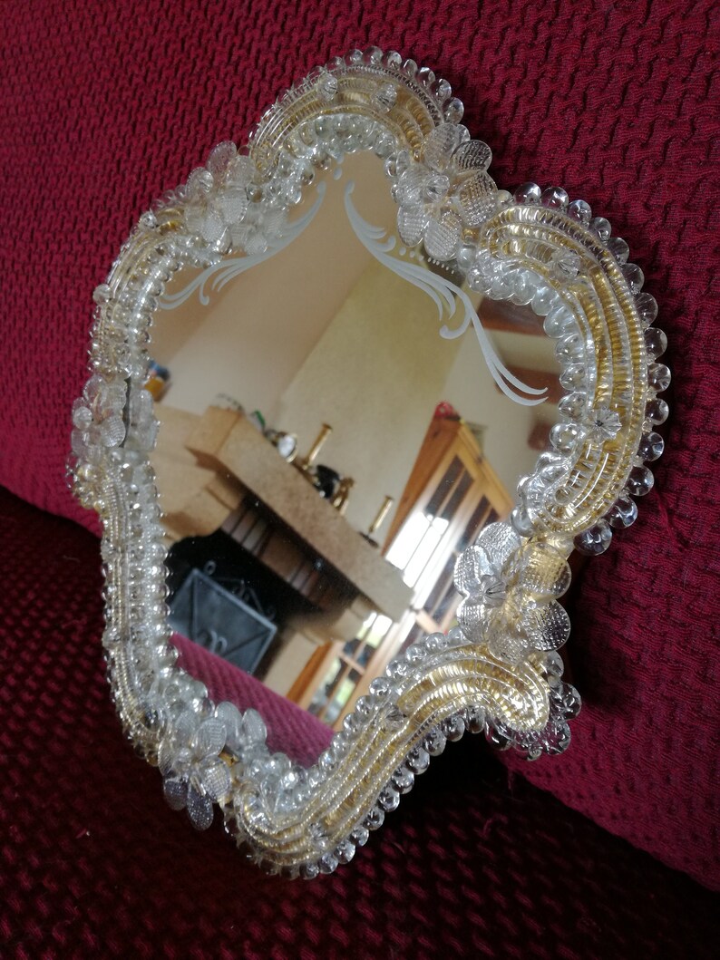 Antique Venetian Mirror Murano Glass Vanity W Clear Flowers Beads Vintage Boudoir Home Decor Wall Miror