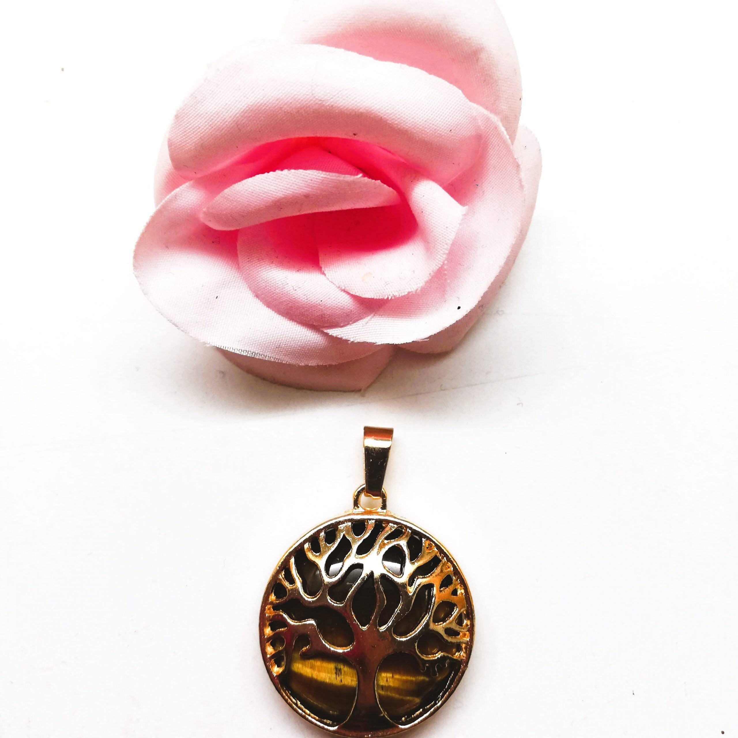 Pendentif Œil De Tigre Et Arbre De Vie - Cabochon 30,5 X 40 Mm - Pierre Naturelle