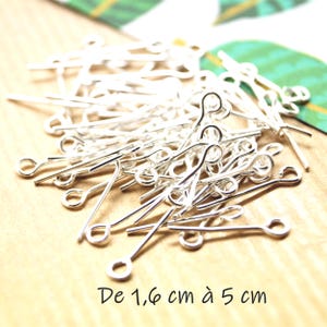 100 tiges oeil argentées de 1.6 cm à 5 cm