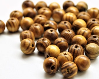 Perles rondes 10 mm en bois rayé marron café