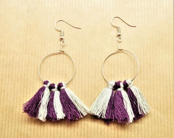 Kit paire supports boucle d'oreilles et créoles argenté gun, 6 pompons à franges gris et violet