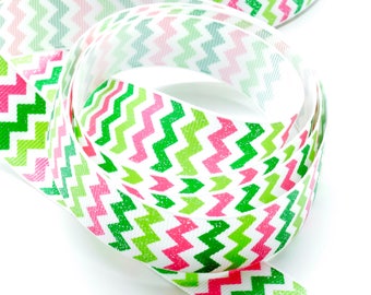 1m Polyester ribbon yellow, pink and green chevrons and silver glitter, width 22 mm