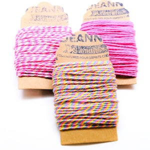 Ficelles coton baker's twine, rose, bleu-rose-jaune, rose-blanc, 3x10 m