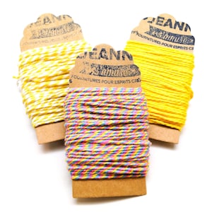 Ficelles coton baker's twine 2 mm, jaune, jaune blanc, jaune rose bleu , 3x10 m