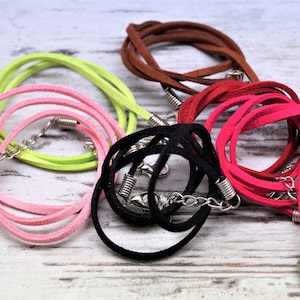 Suede cords black 18 inches with silver carabiner and chain extension, set of 5