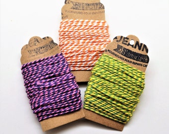 Kit 3 coupons cotton strings baker's twine, orange-white, pink-purple, yellow-green , 3 x 10 m