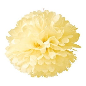 Pompon di carta velina con fiori, giallo pallido, 20 cm, per compleanni, feste, battesimi, matrimoni...