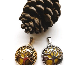 Pendentifs cabochon œil de tigre et arbre de vie 30,5 x 40 mm à l'unité