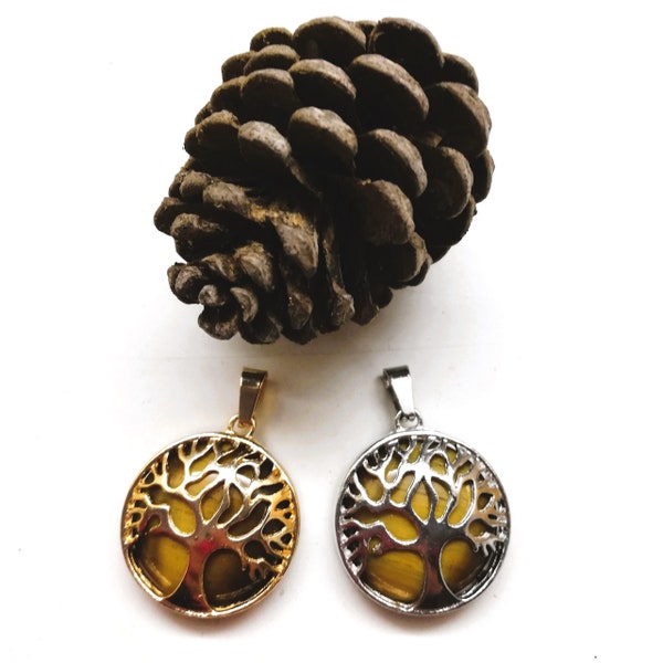 Pendentifs cabochon œil de tigre et arbre de vie 30,5 x 40 mm à l'unité