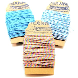 Ficelles coton baker's twine 2 mm, bleu ciel, bleu-ciel blanc, bleu ciel-rose-jaune , 3x10 m