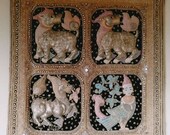 KALAGA Tapestry Hanging Thailand Large 42x40 Embroidery Sequins Glass Beads Vintage Burmese 4panels Vintage Mythical Motifs Ready to Hang