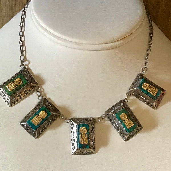 Peruvian Sterling  Silver Necklace Inca Cuzco Vintage Malachite 920 silver and real gold Inca gods Frida Kahlo style 1970s stunning antique