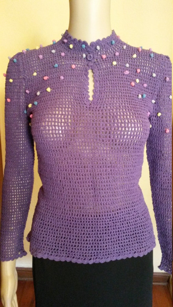 Knit Top HAND CROCHET Vintage 1980s Purple Aubergi