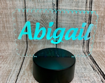 Personalized LED Light Up Acrylic Name Sign (Girl Version with Round Scalloped Edge Design Effect) Desk Light, Night Light, Gamer, Decor