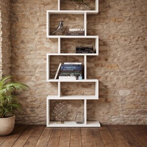 Modern White Asymmetrical Bookcase: Handmade Geometric Bookshelf