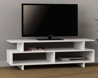 White Media Console TV Stand: Modern Entertainment Center (120x30x42)