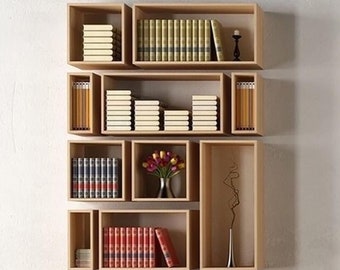 Wandboekenplank, zwevende wandboekenplank, wandboekenplanken, asymmetrische boekenplank, kleine boekenkast, modulaire planken, moderne rustieke boekenplanken