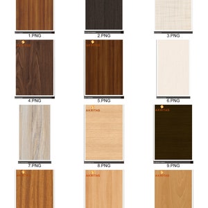 Pu&ograve; includere: Dodici diversi motivi di venatura del legno, ognuno con una texture e un colore unici. I motivi di venatura del legno sono disposti in un formato a griglia.