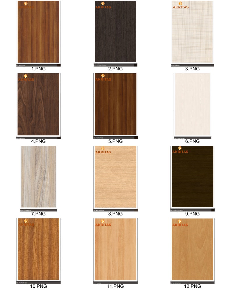 Pu&ograve; includere: Dodici diversi motivi di venatura del legno, ognuno con una texture e un colore unici. I motivi di venatura del legno sono disposti in un formato a griglia.