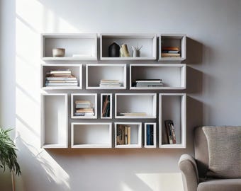 Bookshelf Decor Floating Asymmetrical Bookcase for Books & Decor (Wall-Mounted)