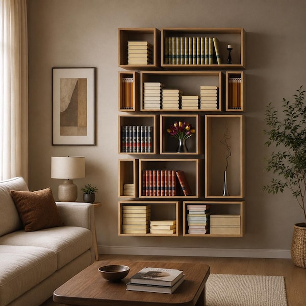 Wall Hanging Bookshelf with Floating Shelves for Living Room