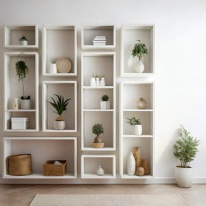 May include: White wall shelves with various plants, books, and decorative items. The shelves are arranged in a geometric pattern, creating a modern and minimalist look.