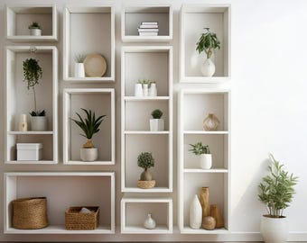 Op de afbeelding: Witte wandplanken met verschillende planten, boeken en decoratieve items. De planken zijn in een geometrisch patroon gerangschikt, wat een moderne en minimalistische uitstraling creëert.