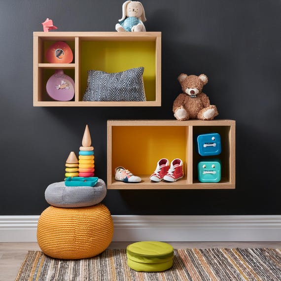 Set of Kids Floating Wall Shelves: Melamine Wood Playroom