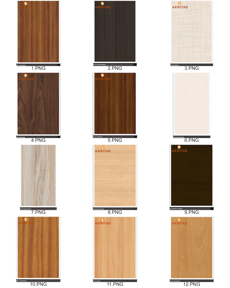 May include: Twelve different wood grain patterns, each with a unique texture and color. The wood grain patterns are arranged in a grid format.