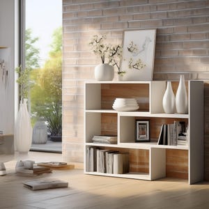 White Floor Bookcase | Minimalist Asymmetrical Standing Bookshelf | Modern Storage for Living Room or Office