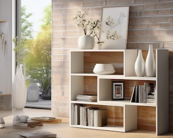 Biała biblioteczka podłogowa | Minimalistyczna asymetryczna biblioteczka stojąca | Nowoczesne miejsce do przechowywania w salonie lub biurze