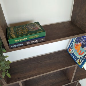 Pu&ograve; includere: Una libreria in legno marrone con tre ripiani. Il ripiano superiore ha due libri impilati uno sopra l'altro. Il libro superiore &egrave; verde con il titolo "The Tiger Rising" di Philip Pullman. Il libro inferiore &egrave; blu con il titolo "Northern Lights" di Philip Pullman. Il ripiano intermedio &egrave; vuoto. Il ripiano inferiore ha un libro per bambini con un'illustrazione colorata di animali su uno sfondo bianco. Il titolo del libro &egrave; "Eva o's Big Book of Bugs".