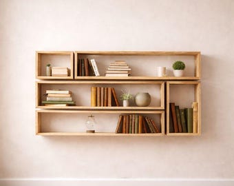 Könnte beinhalten: Hängende Holzregale mit Büchern, kleinen Pflanzen und dekorativen Gegenständen. Die rechteckigen Regale sind an einer hellen Wand befestigt. Die Bücher in verschiedenen Größen und Farben schaffen eine warme Präsentation.