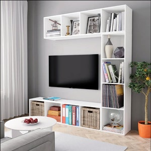 White TV Stand with Bookcases: Modern Entertainment Center (175x25x180 cm)