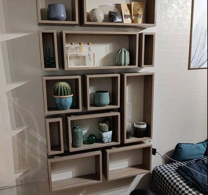 Wall bookshelf,floating wall bookshelf,wall bookshelves,asymmetrical bookshelf,small bookcase,modular Shelves,modern rustic bookshelves image 2