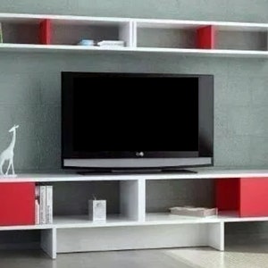 Corona Mueble pared salón con mueble TV y vitrina blanco y gris