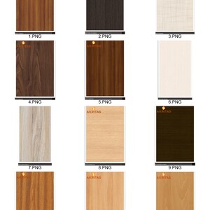 May include: Twelve different wood grain patterns, each with a unique texture and color. The wood grain patterns are arranged in a grid format.